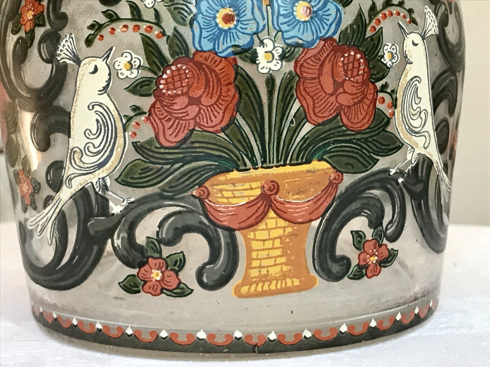 Alt Vintage Design Karaffe Dekanter versilberter Stopfen Bauernmotiv