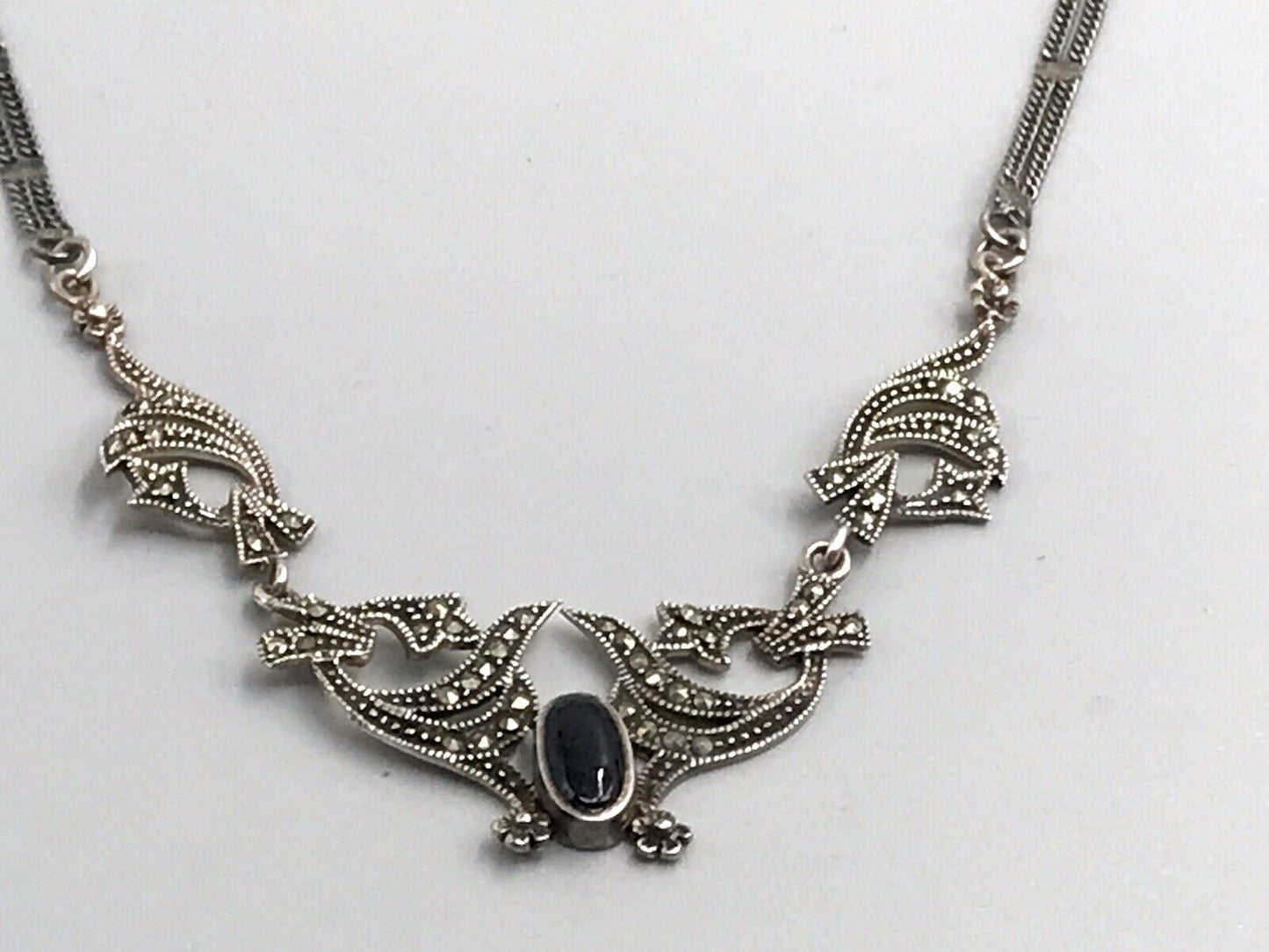 Antik Edel Jugendstil Art Déco 925 Silber Collier Halskette mit Onyx & Markasite