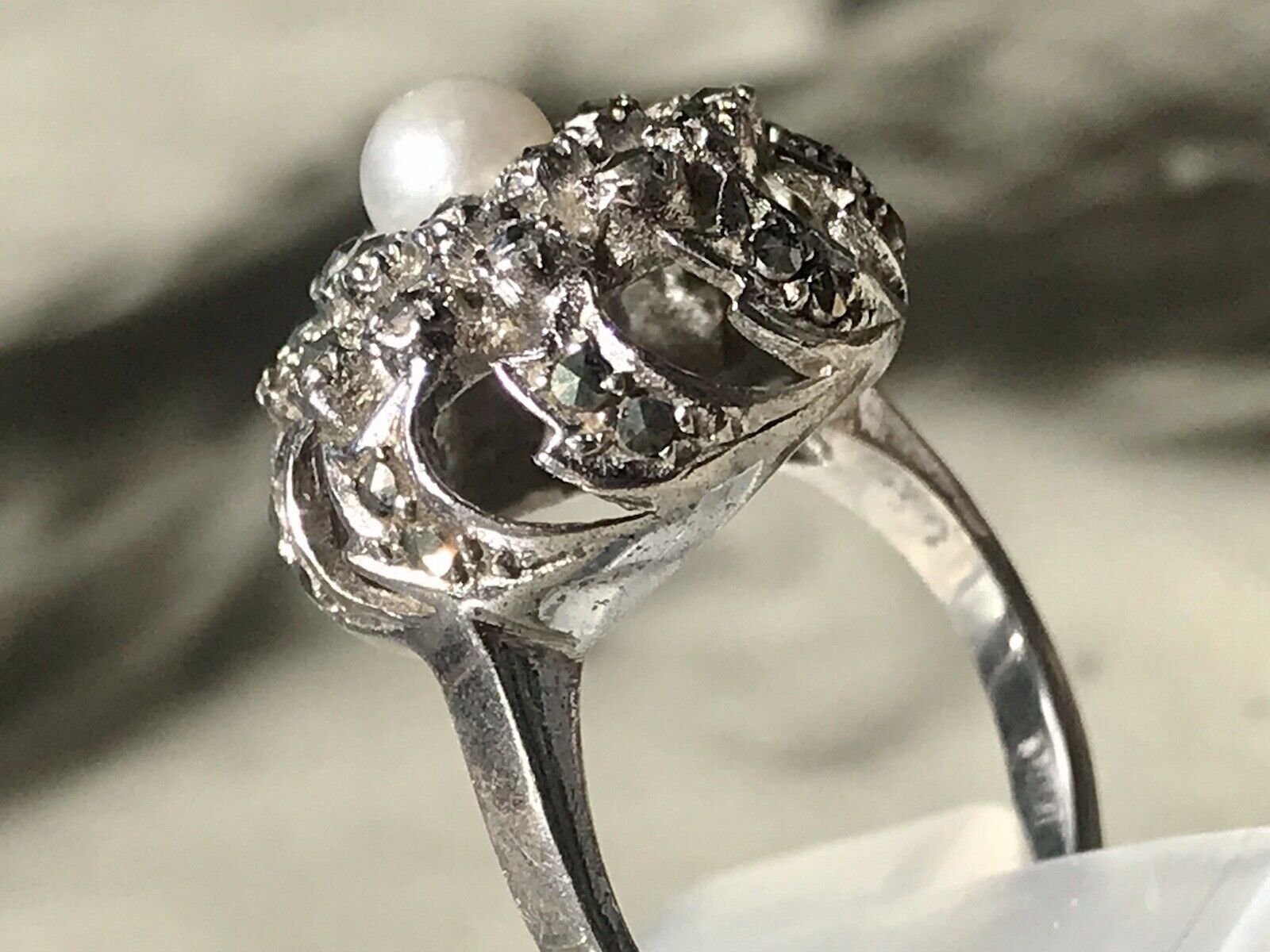 Antik Edel DAMEN Entourage RING Silber 835 Perle Markasite Gr.52