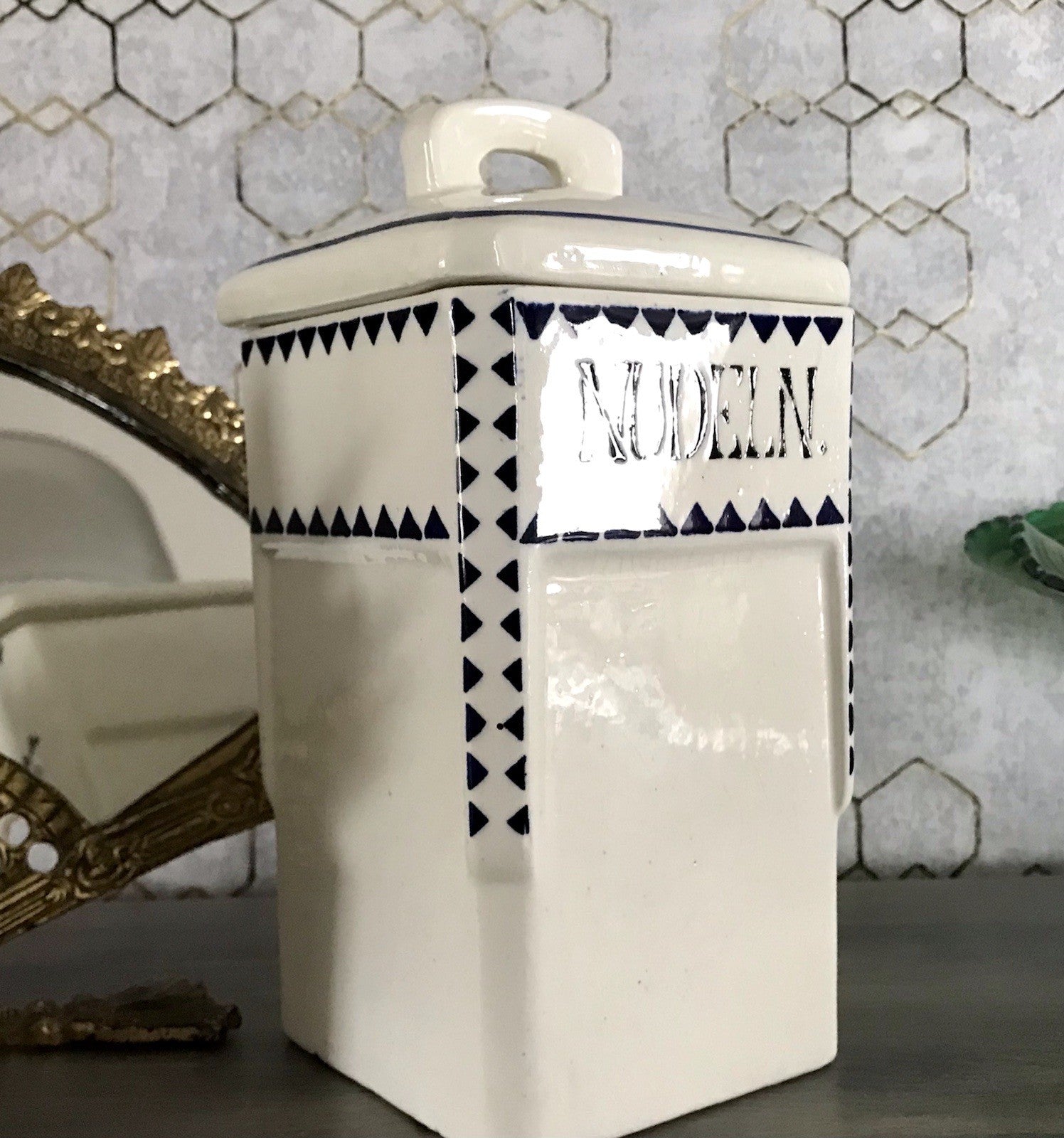 Antik Jugendstil Vorratsgefäß Nudeln Gefäß Vorratsdose weiß Porzellan creme blau