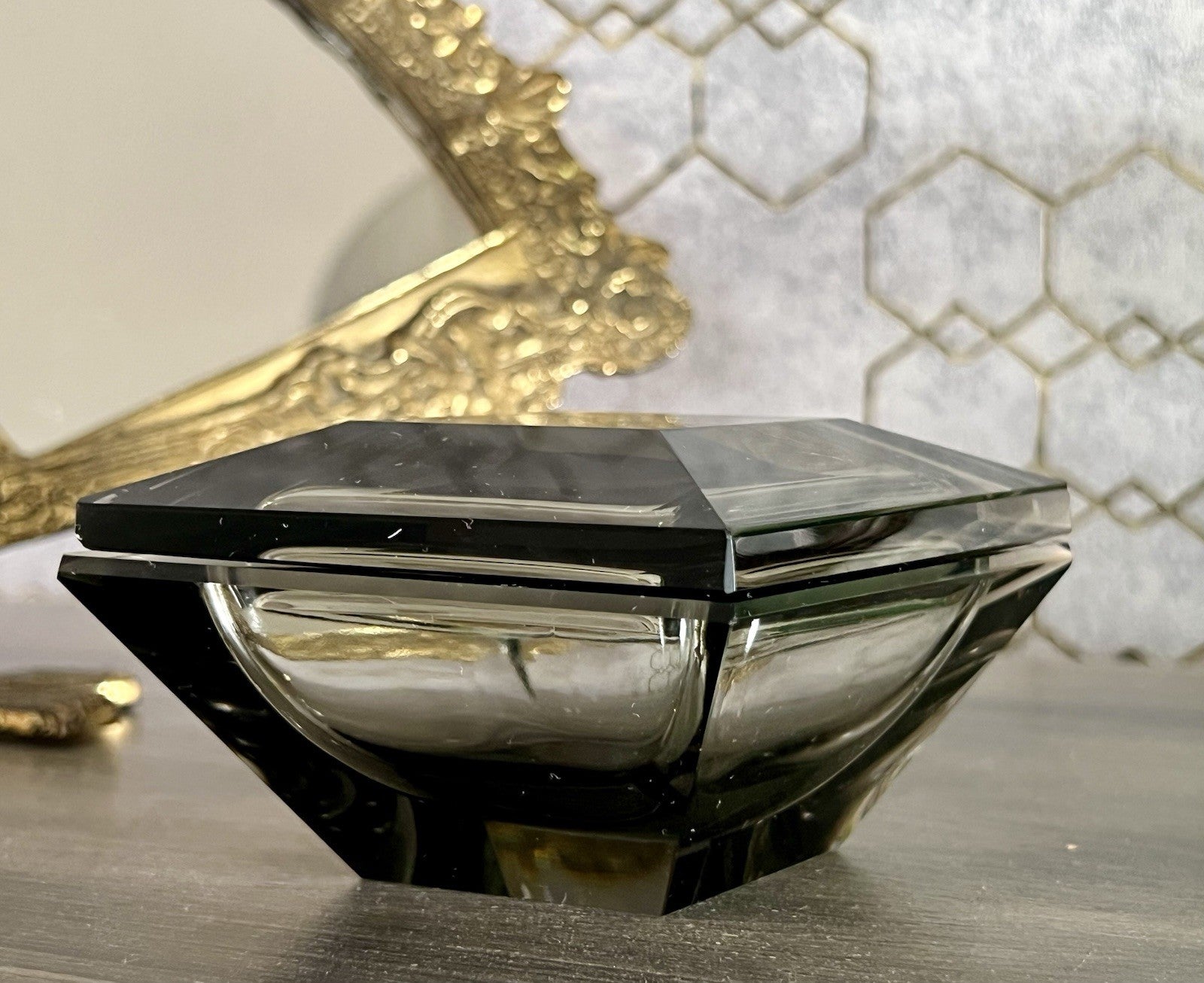 EDEL Art Déco antik Glasdose Kristallglas Frisiertisch Dose grau Schliff