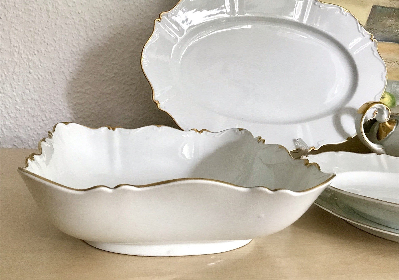 Antik Art Déco Porzellan Tafelservice Carstens Sorau weiß goldene Ranke EDEL