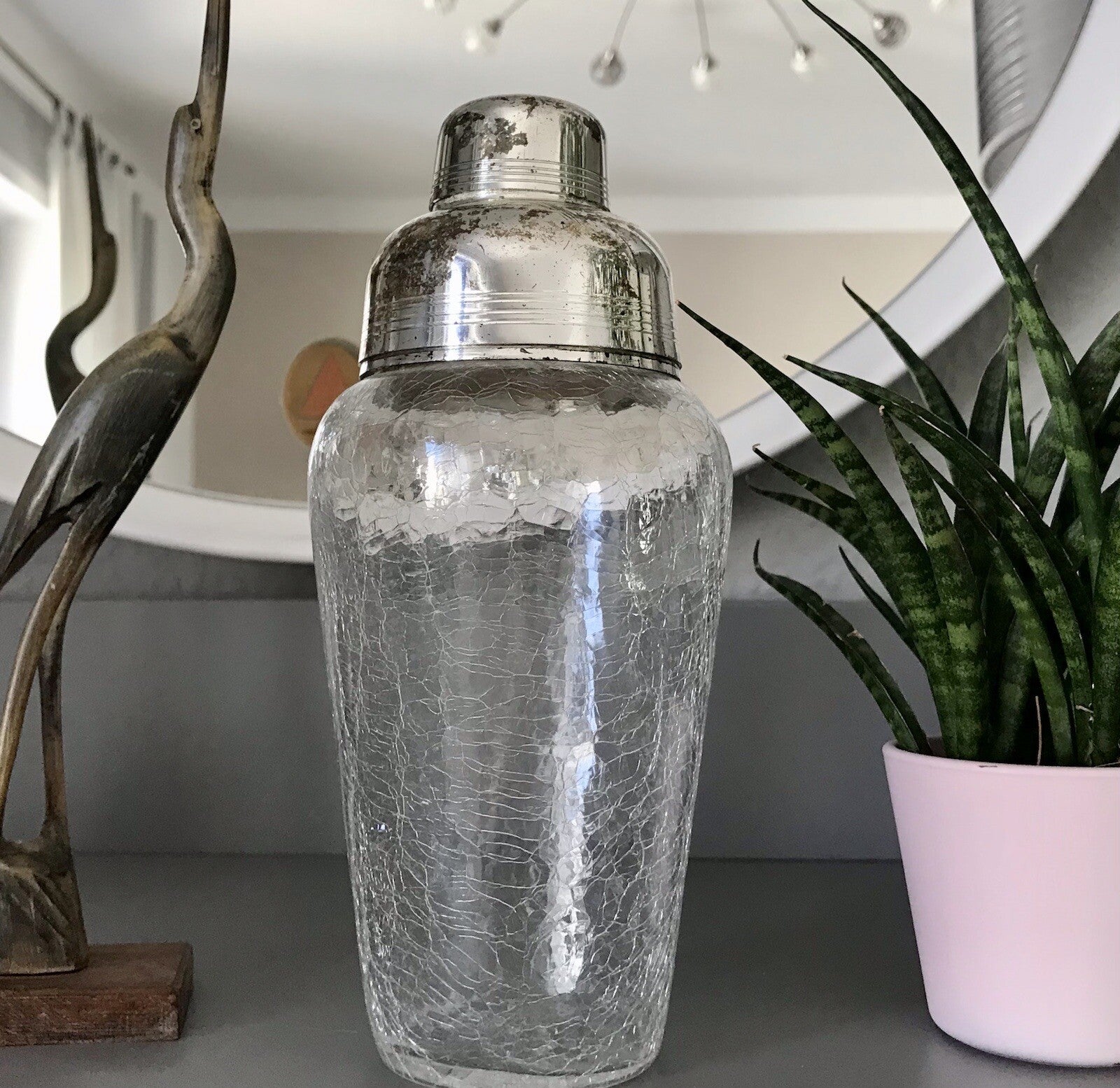 Vintage Glas 60er Craquelée versilbert Montur Getränke Cocktail Shaker
