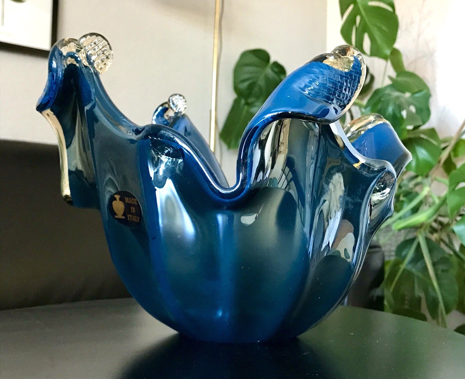 Vintage Murano Schale Vase Glas Petrol Blau metallic irisierend Edel Aufkleber