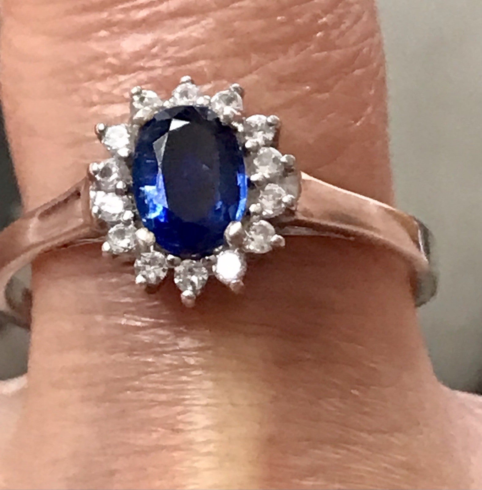Vintage Entourage Halo Ring farblose Steine & Saphir Silber 925  ~Gr.62 63