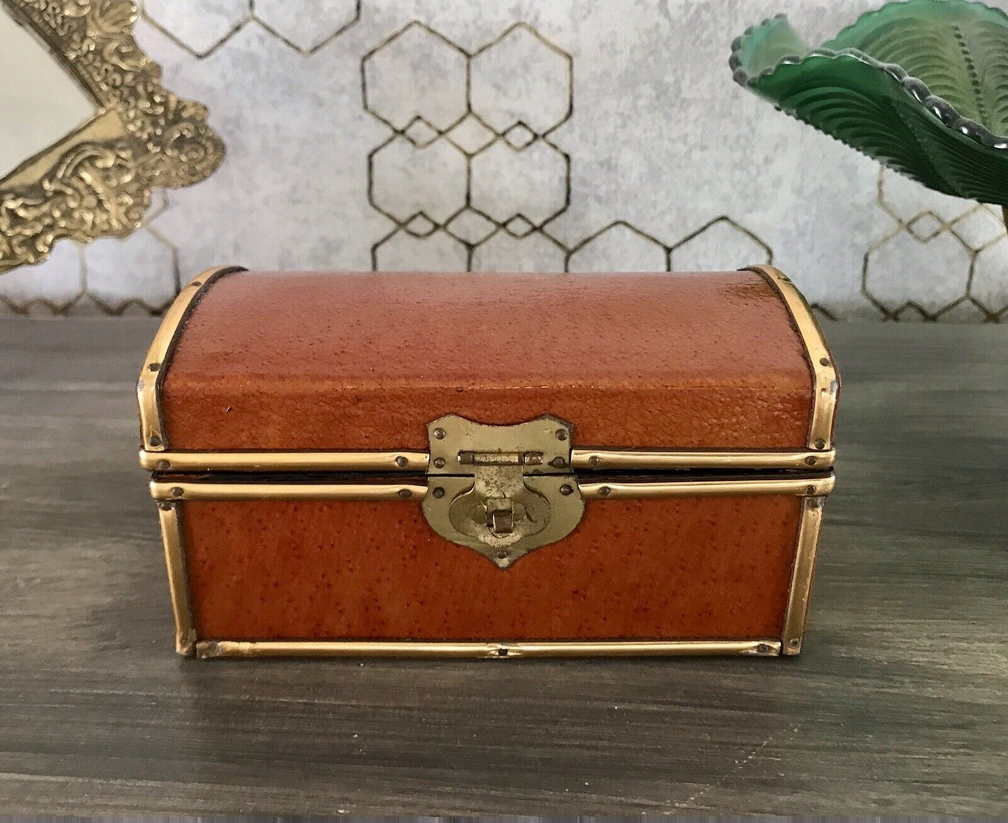 Vintage Schatulle Schmuckdose Dose Kästchen Leder bezogen Cognac