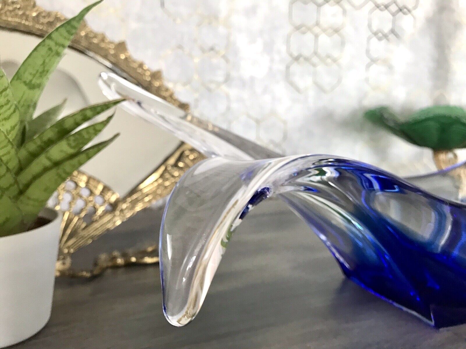 Murano 60er 70er Jahre Schale Glas zipfelig blauer Zwischenfang im Klarglas
