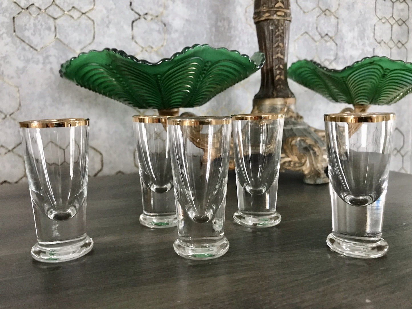 Antik 5 Pinnchen Schnapsgläser Golddekor Glas Biedermeier Likörgläser