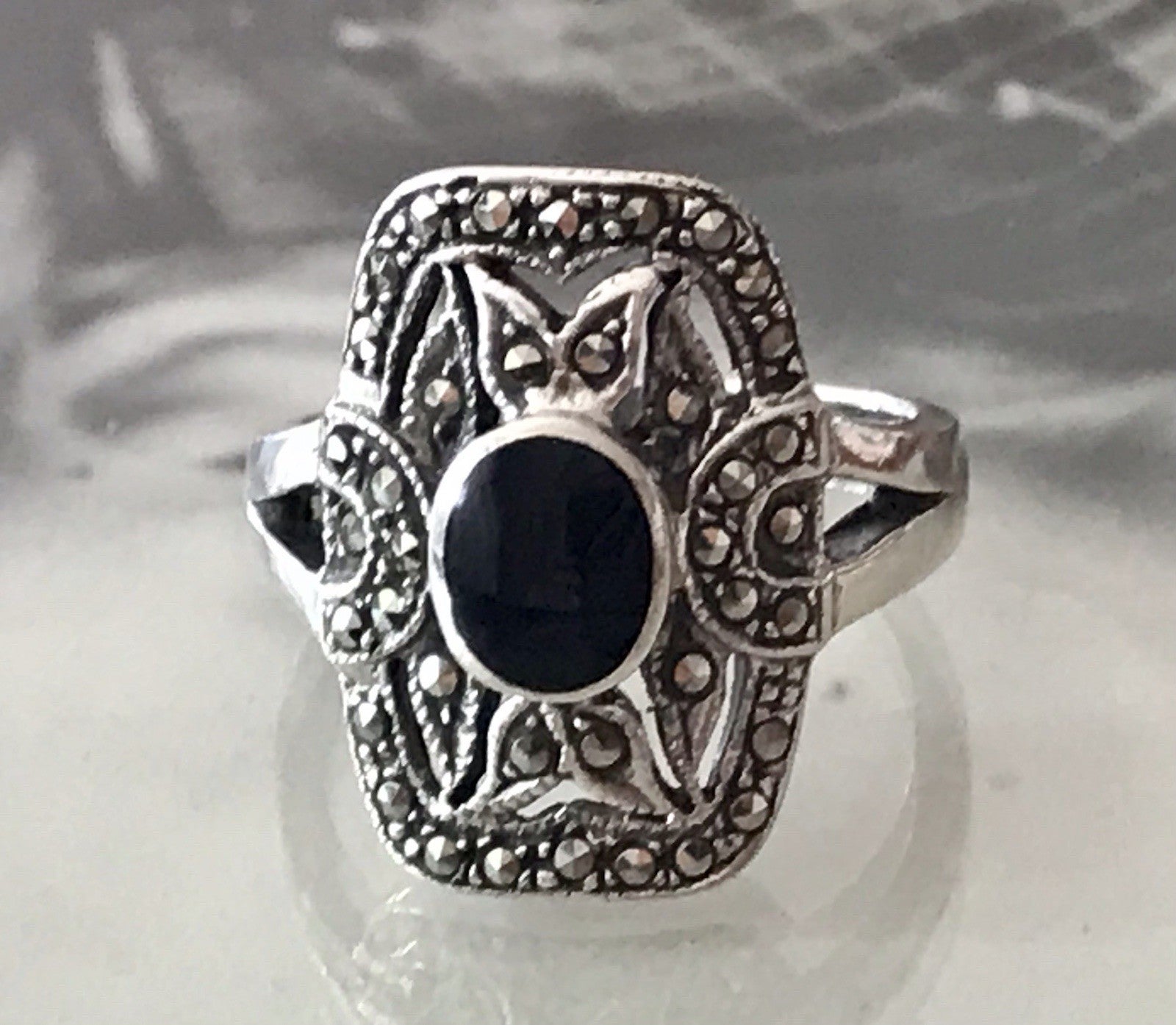 Antik Art Déco Damen Schiffchen Ring 925 Silber Gr.60 Onyx Markasite