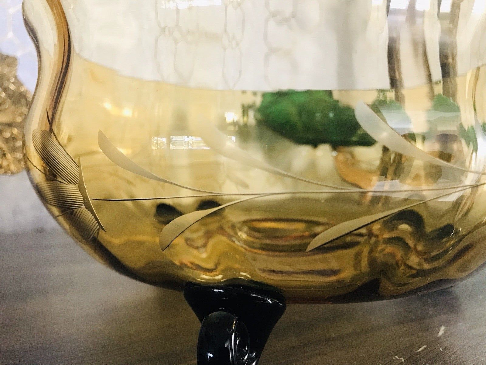 Antik Art Déco Schale Glasschale Bernstein Gelb schwarz Glas gerippt & Schliff