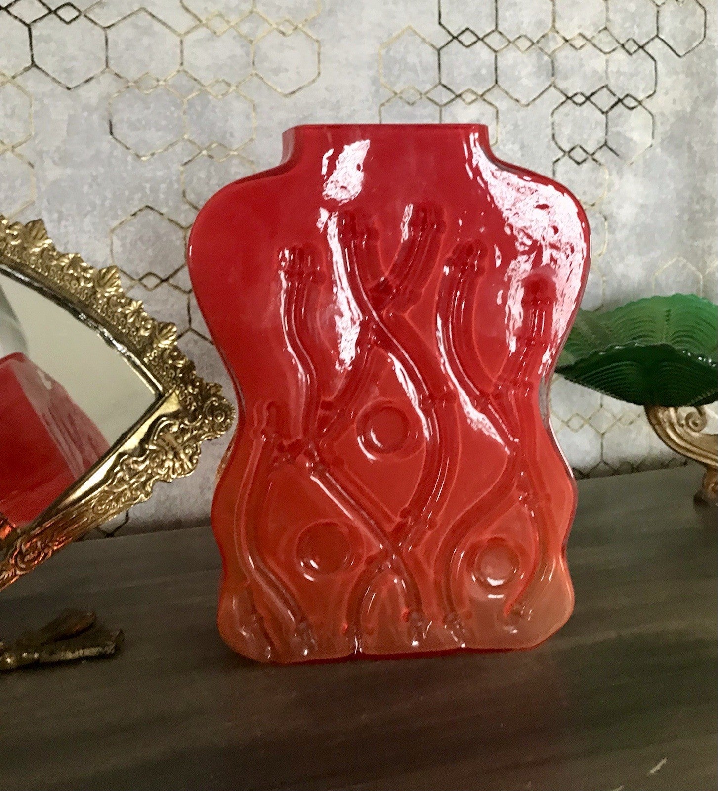 Vintage 70er Design Glasvase Glas Rot Orange Vase Pop Art Hirschberg