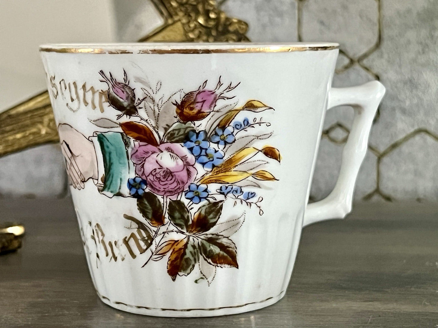 Antik Porzellan Andenken Becher Sammeltasse Tasse Gott segne dieses Bund