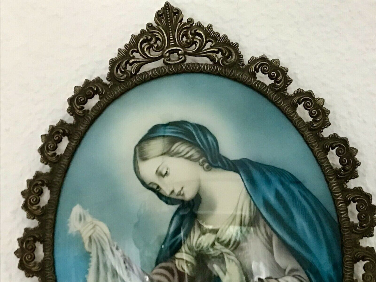 Alt Vintage Bilderrahmen Messing ? Guss ? Votivbild gewölbtes Glas Madonna&Jesus