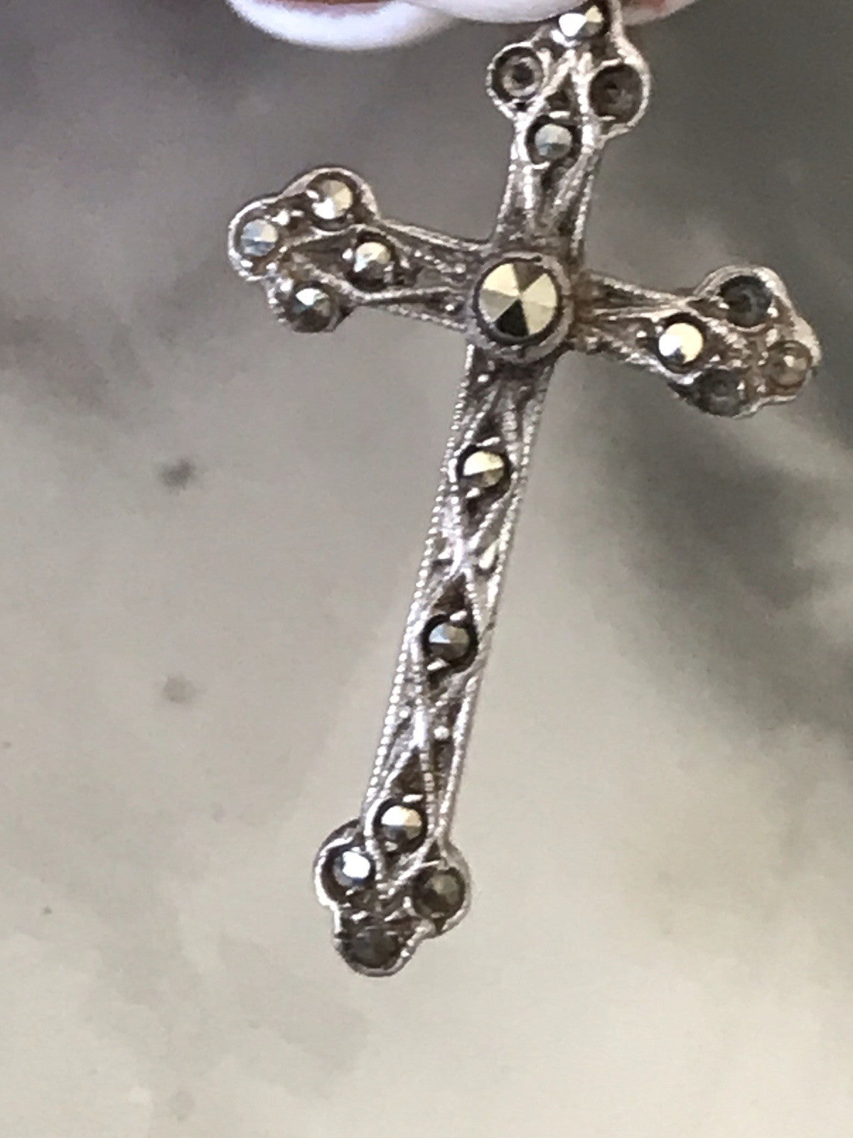 Antik Art Déco Echtsilber Silber Kreuz Anhänger Kettenanhänger Markasite
