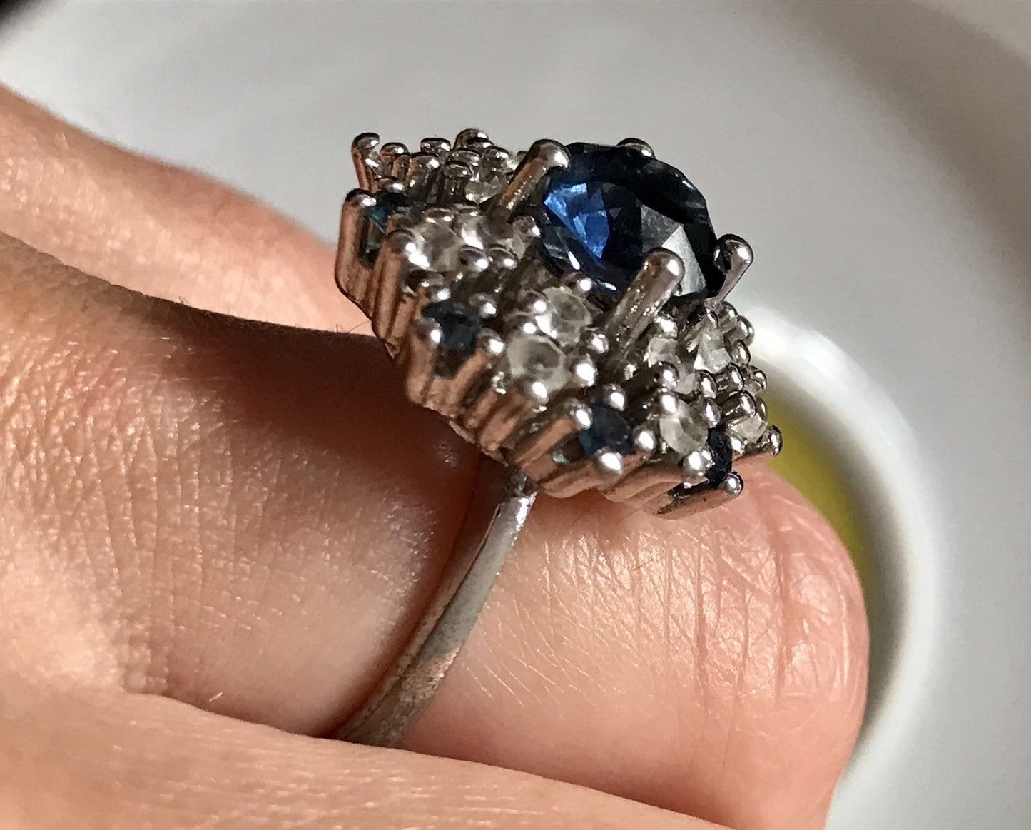 Vintage Entourage Halo Ring farblose Steine & Saphir Silber 835  ~Gr.55 17,5