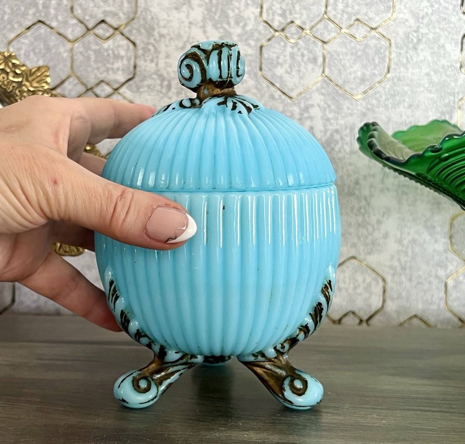 Antik Jugendstil Glasdose Kugel Dose Opalglas Deckeldose blau Pressglas SCHÖN!