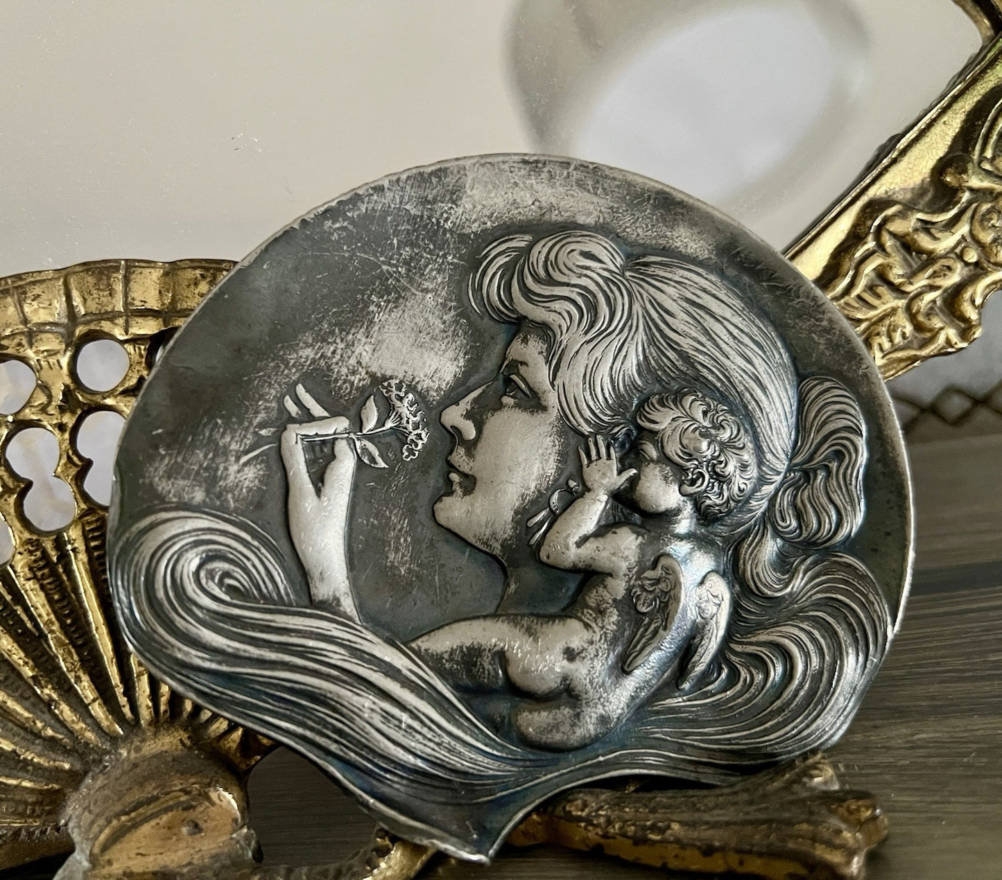 Antik versilbert WMF Schale Schmuckschale Jugendstil ~1900 Motiv: Elfe mur Putto