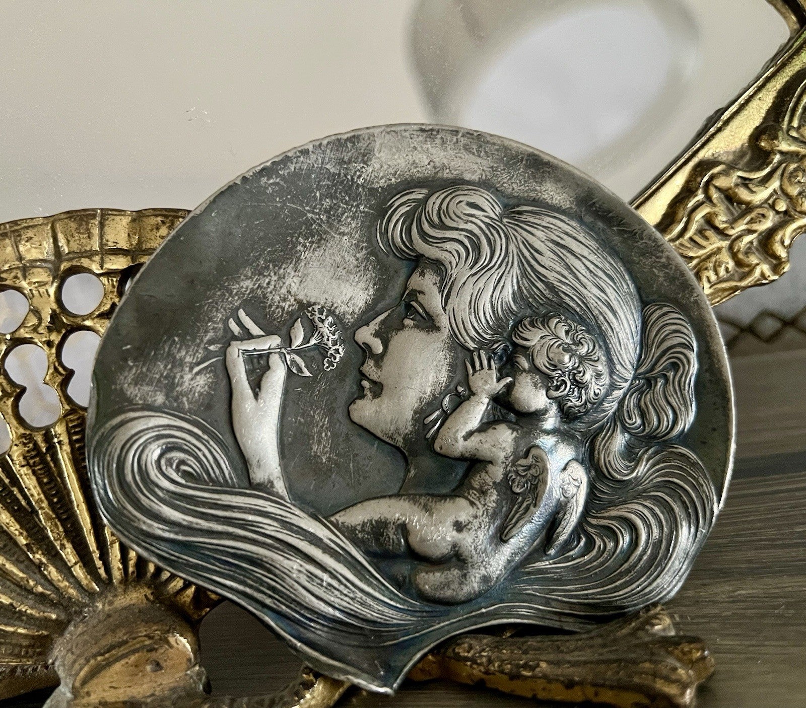 Antik versilbert WMF Schale Schmuckschale Jugendstil ~1900 Motiv: Elfe mur Putto