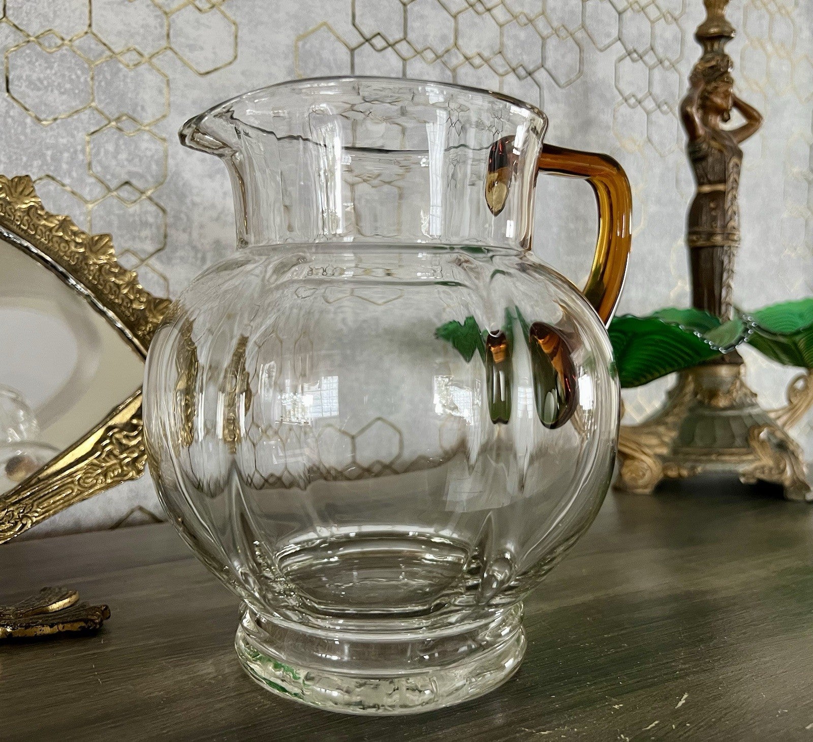 Antik Art Déco Kanne Krug Glaskrug Karaffe Glas mundgeblasen Farblos & gelb