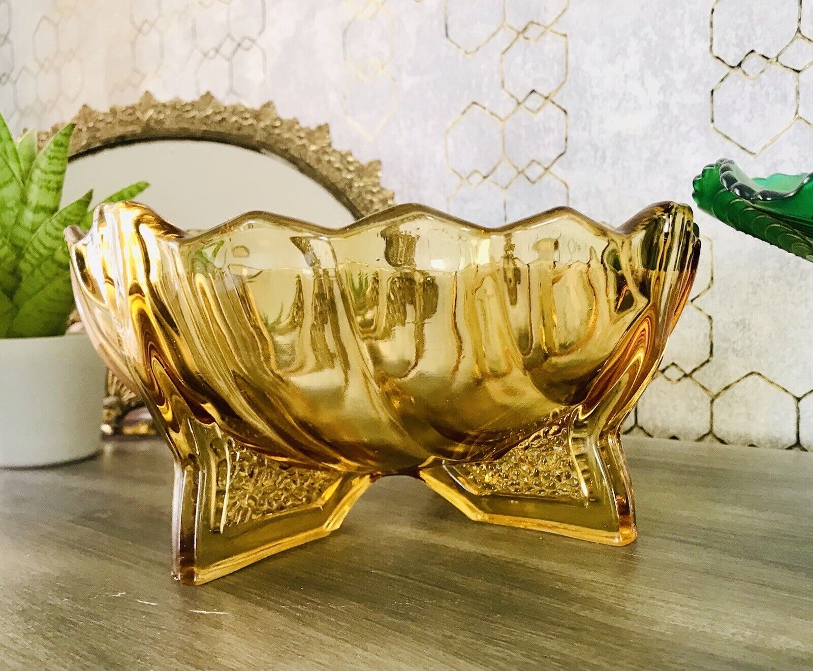Antik Art Déco gelb Pressglas Jardiniere Schale Glas RAR markant