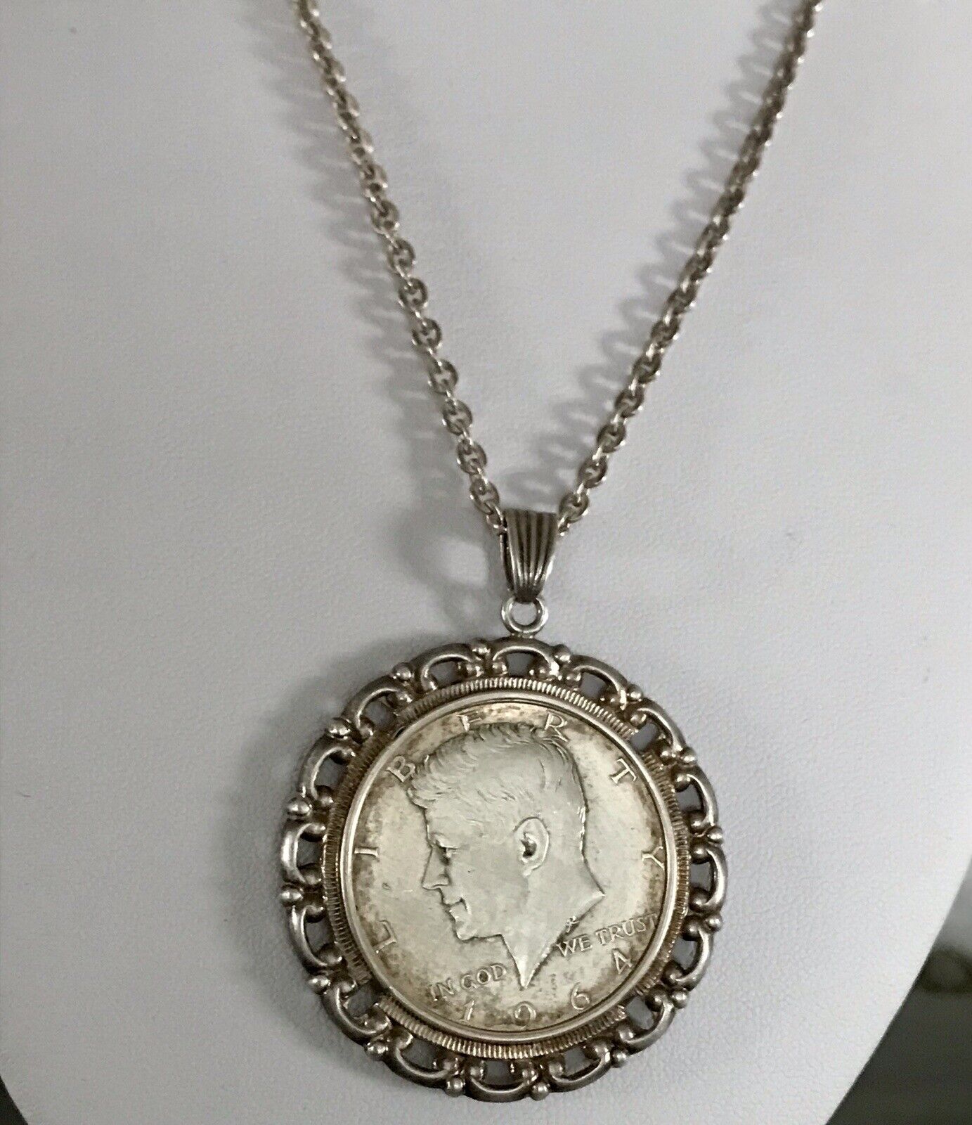 Vintage Halskette Kette Kennedy Münzanhänger Anhänger Kettenanhänger Silber 835