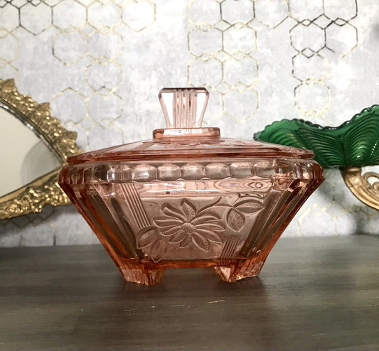 Antik Art Déco Dose Deckeldose Zierdose Pressglas Rosalin rosa Glas