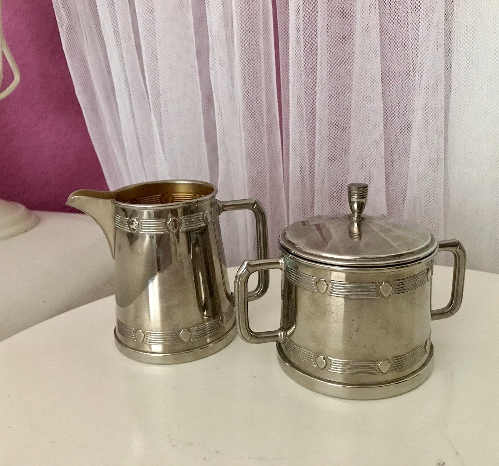 Antik Jugendstil Art Déco Kaffee Kernstück Zuckerdose Rahmgießer verchromt? 2tlg