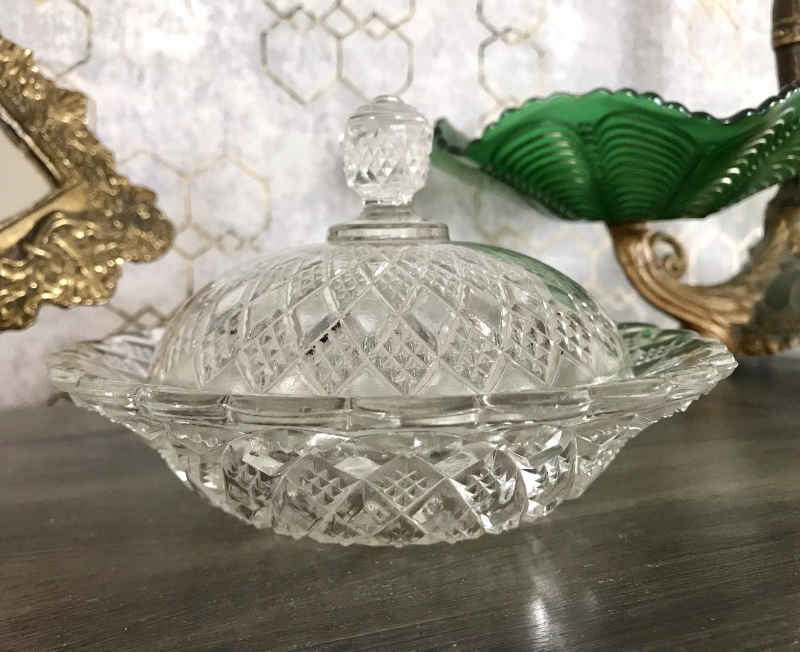 Antik Art Déco Glas Pressglas Butterdose Wunderschön!