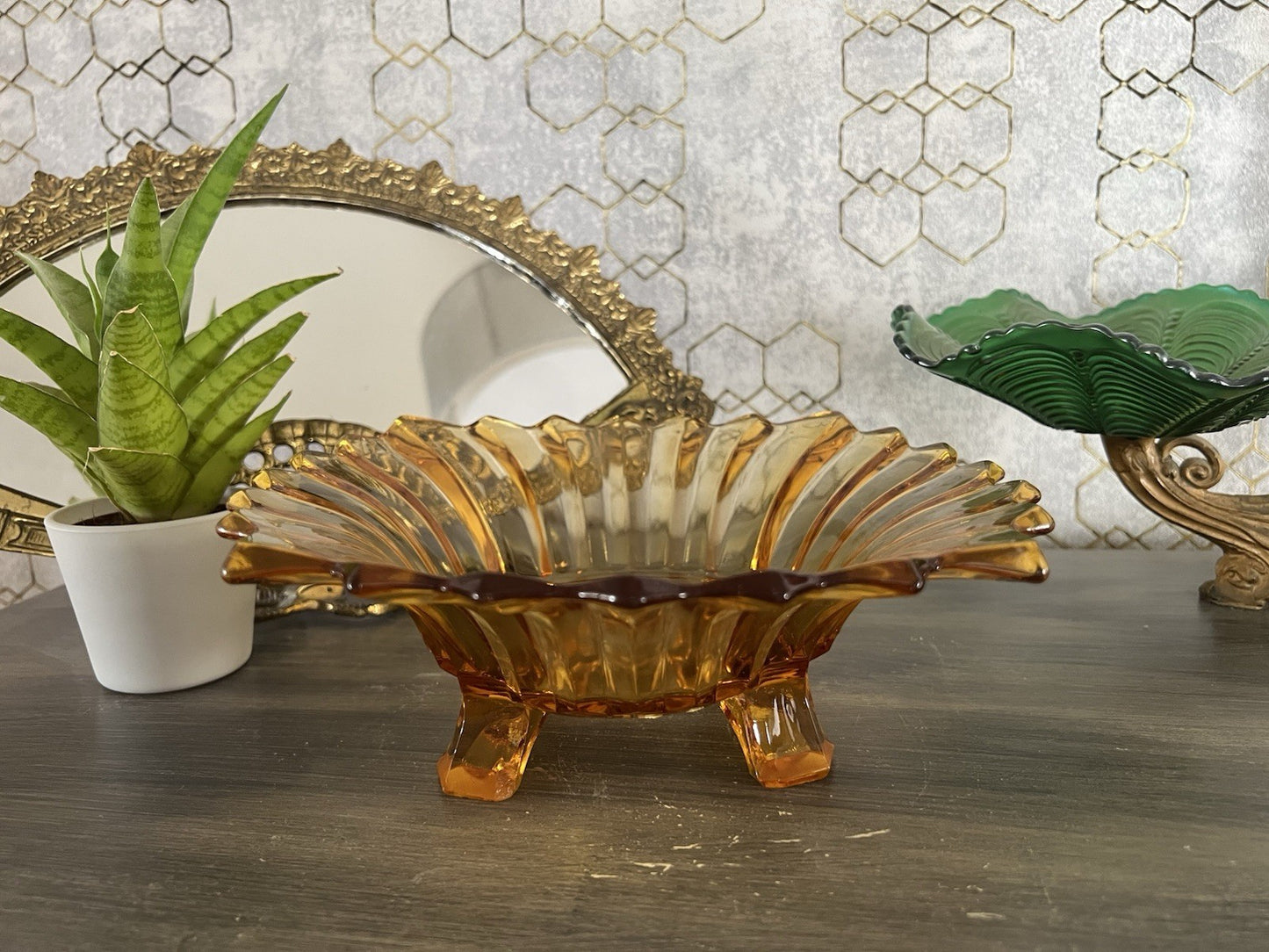 Antik Jardiniere Brockwitz Prismen Bernstein gelb Art Déco Schale Pressglas Glas