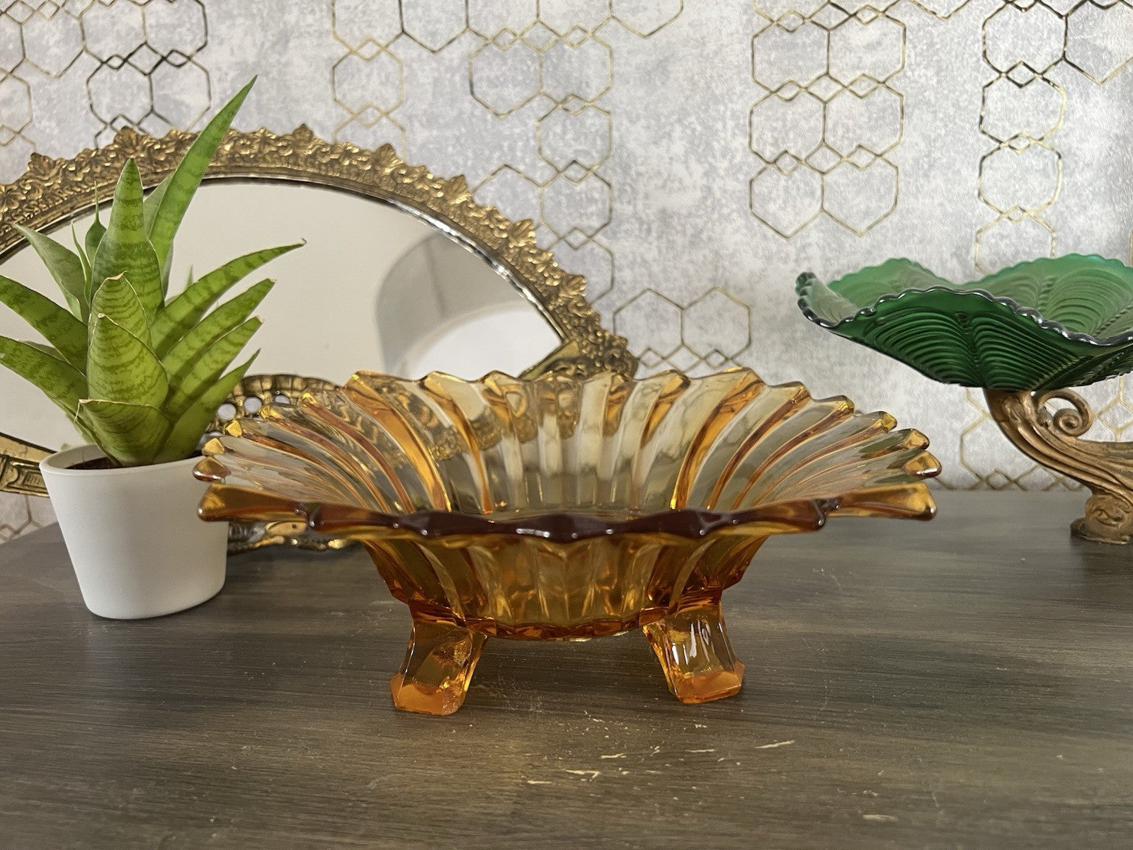 Antik Jardiniere Brockwitz Prismen Bernstein gelb Art Déco Schale Pressglas Glas