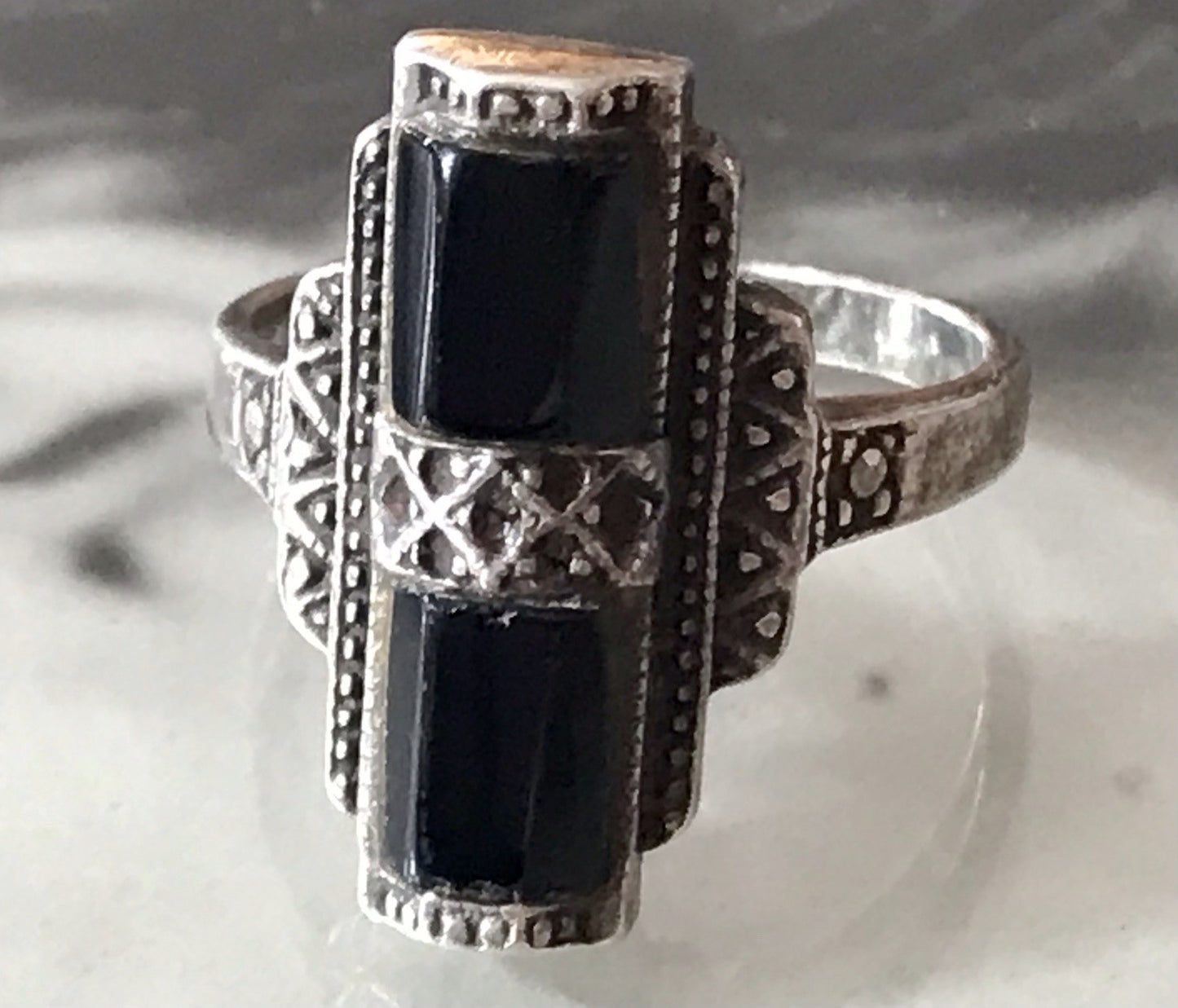 Antik Art Déco Damen Schiffchen Ring Onyx 925 Silber Gr.56 Markasite 18,1