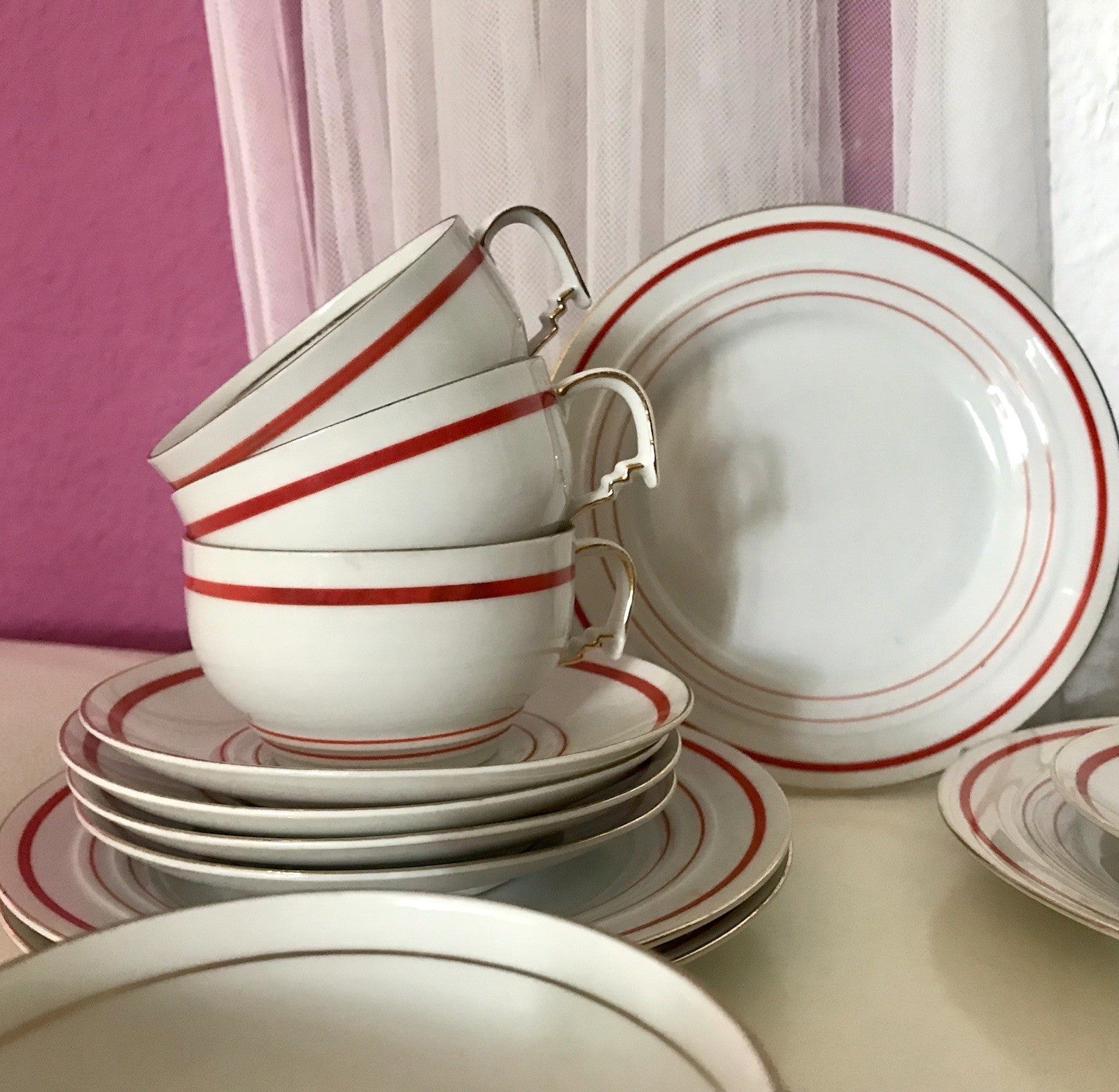 Antik Art Déco Porzellan Kaffeeservice weiß rot orange gemarkt deutsch Bauhaus