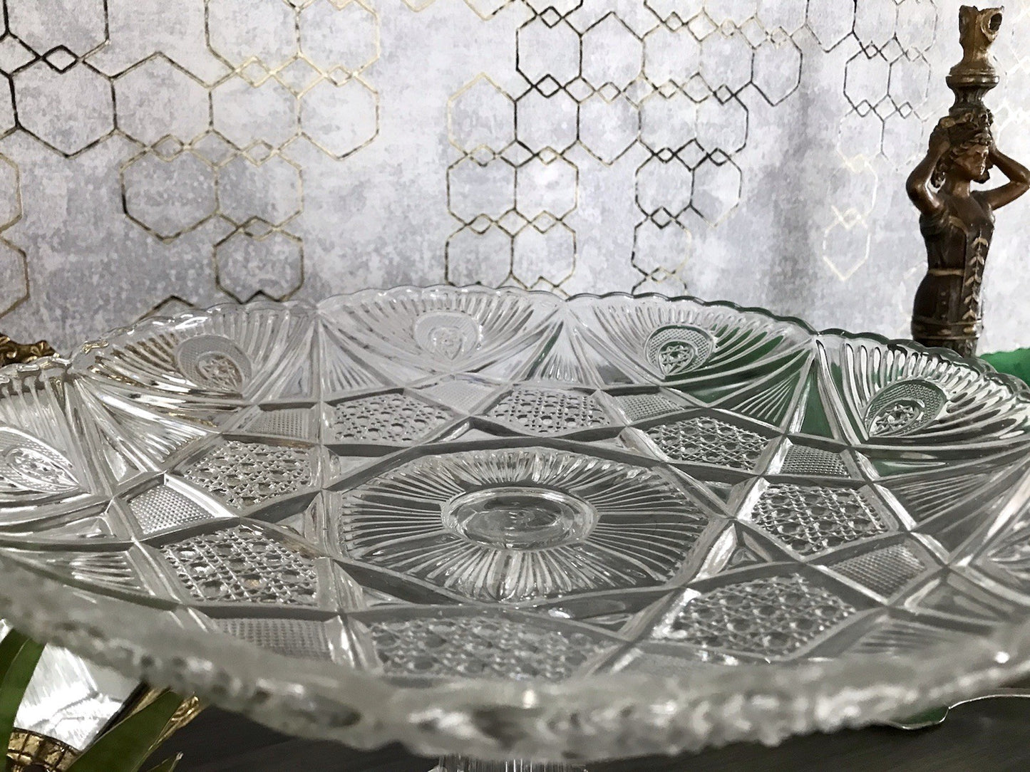Antik Art Déco Pressglas Glas Schale Fußschale Tafelaufsatz Brockwitz Imperial