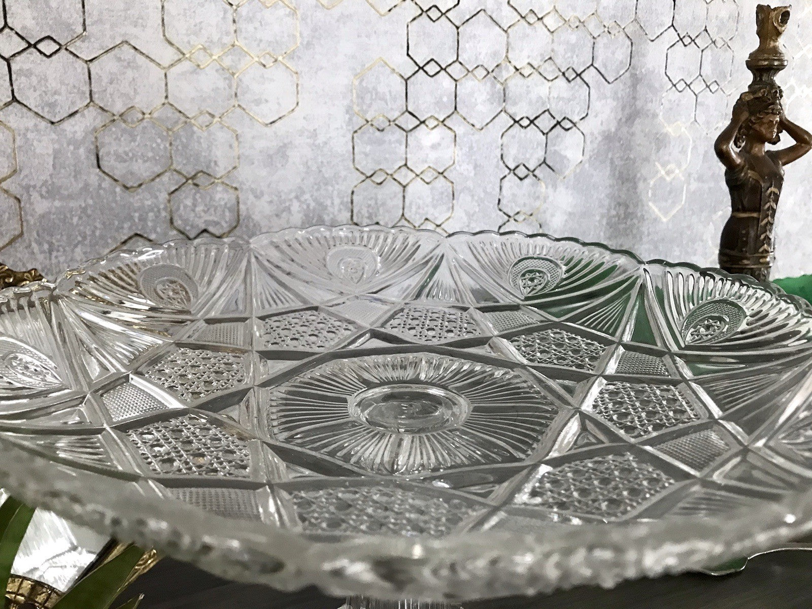 Antik Art Déco Pressglas Glas Schale Fußschale Tafelaufsatz Brockwitz Imperial