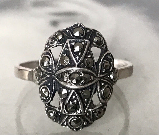 Antik Art Déco Edel Markasite DAMEN RING Silber 925 Gr.52 53 Schiffchen 1,68
