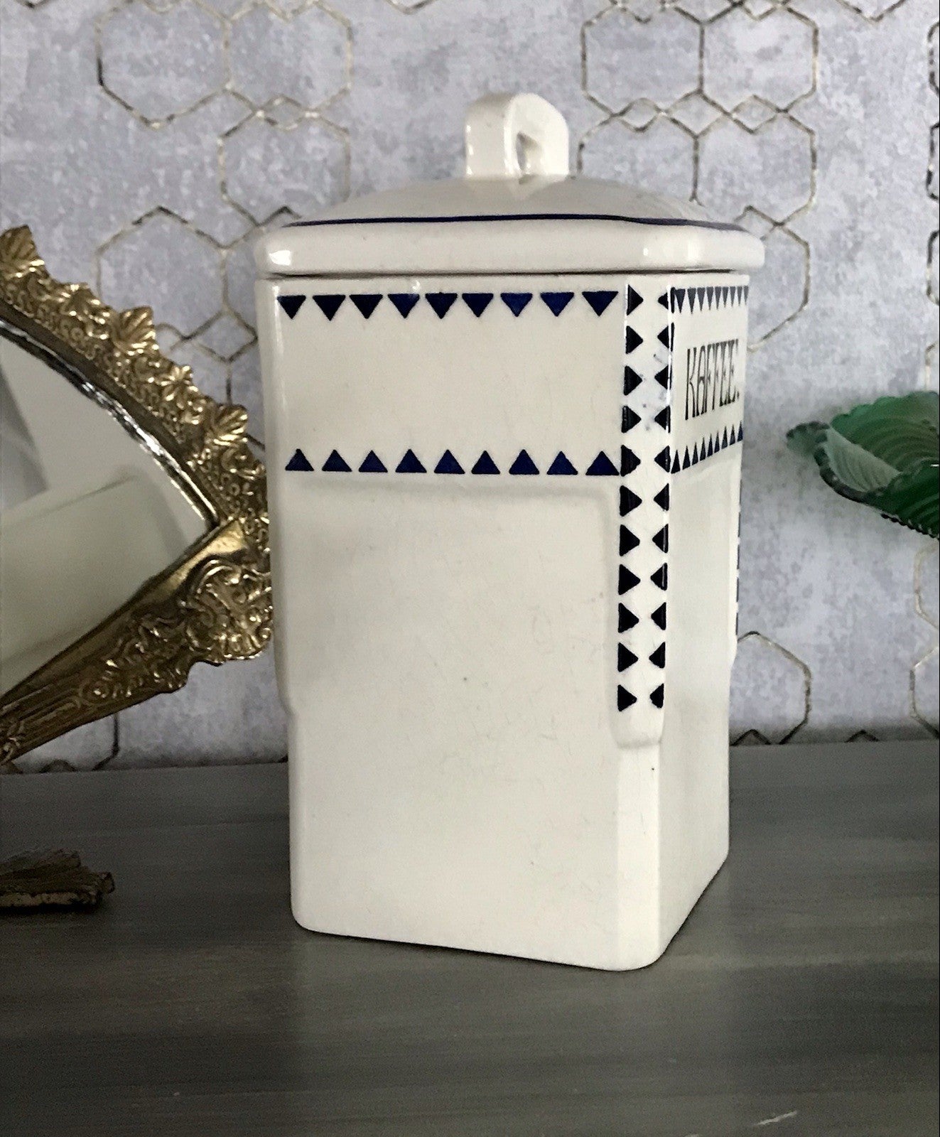 Antik Jugendstil Vorratsgefäß Kaffee Gefäß Vorratsdose weiß Porzellan creme blau