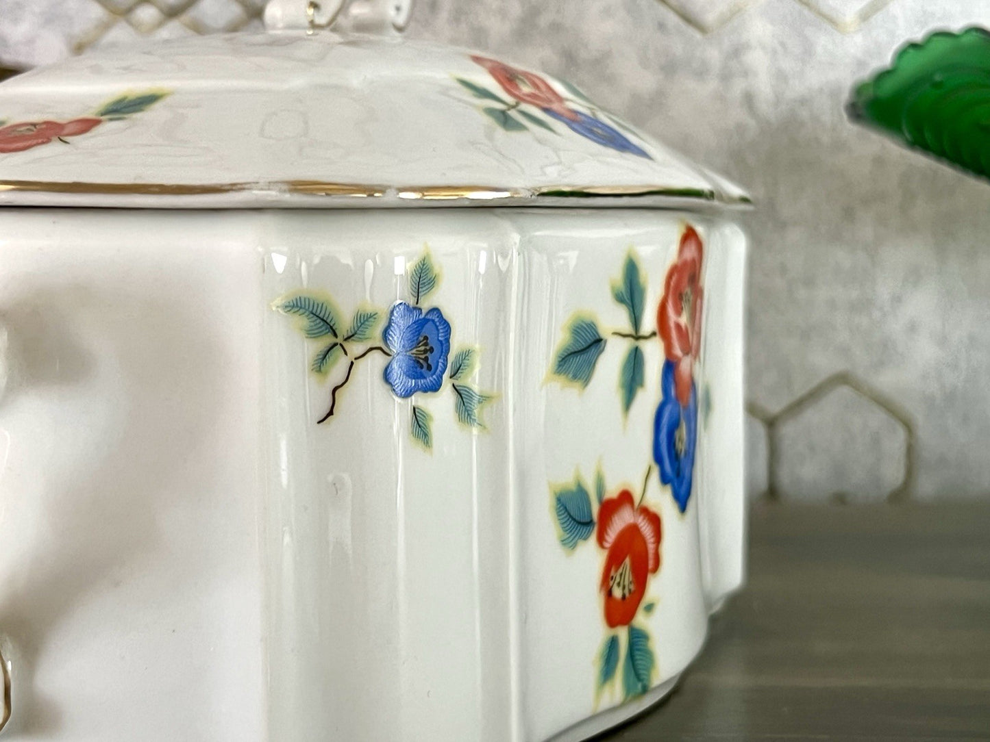 Antik Art Déco Porzellan Dose Deckeldose Schatulle Bonboniere gestempelt R Krone