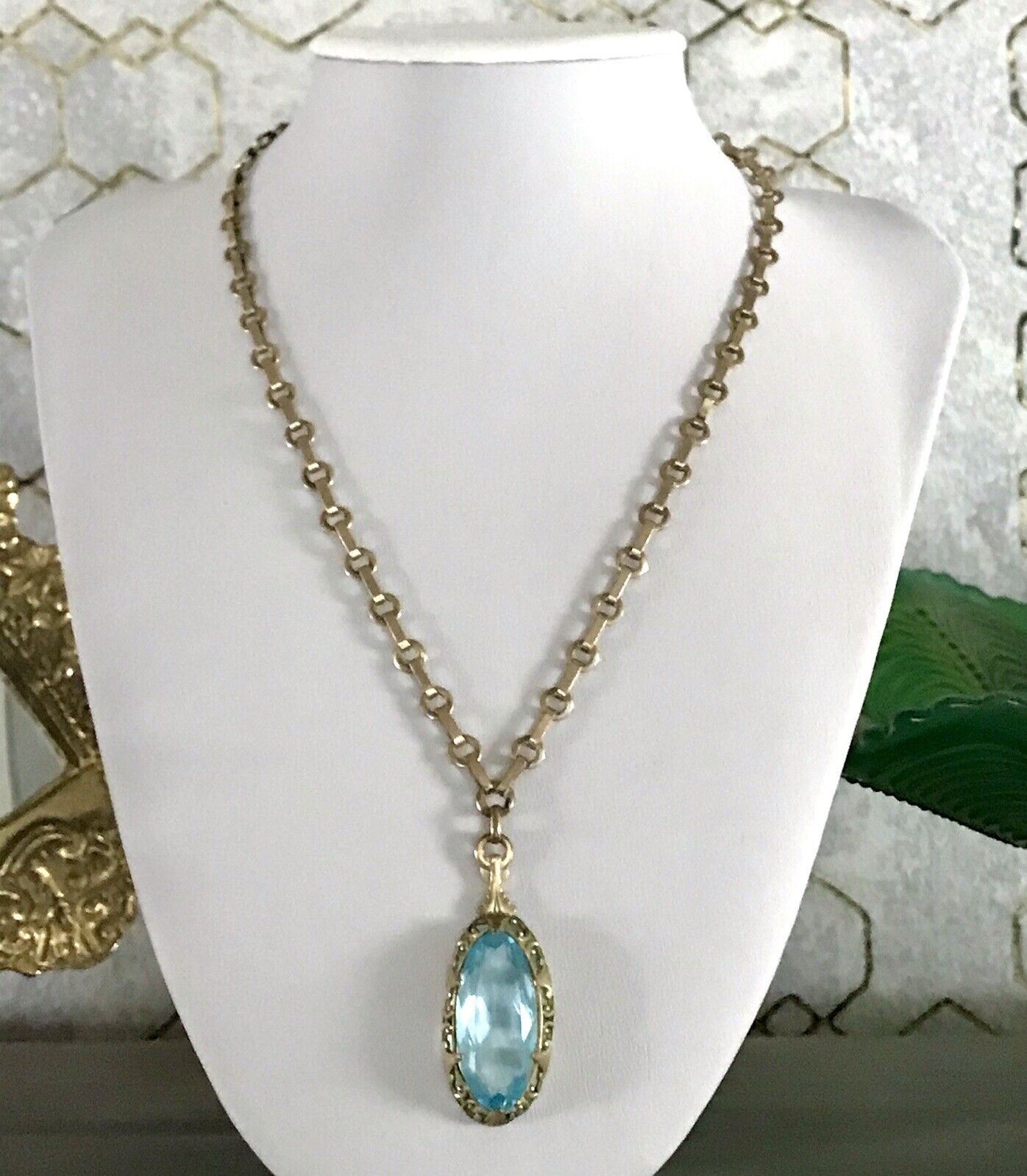 Antik Jugendstil Collier Halskette blauer Stein Anhänger Amerik. Doublè  A. Daub