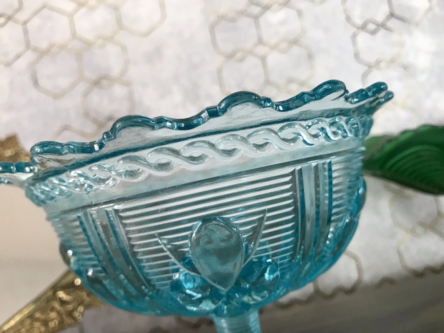 Antik Jugendstil Art Déco Pressglas Schale Fußschale Zuckerschale blau türkis