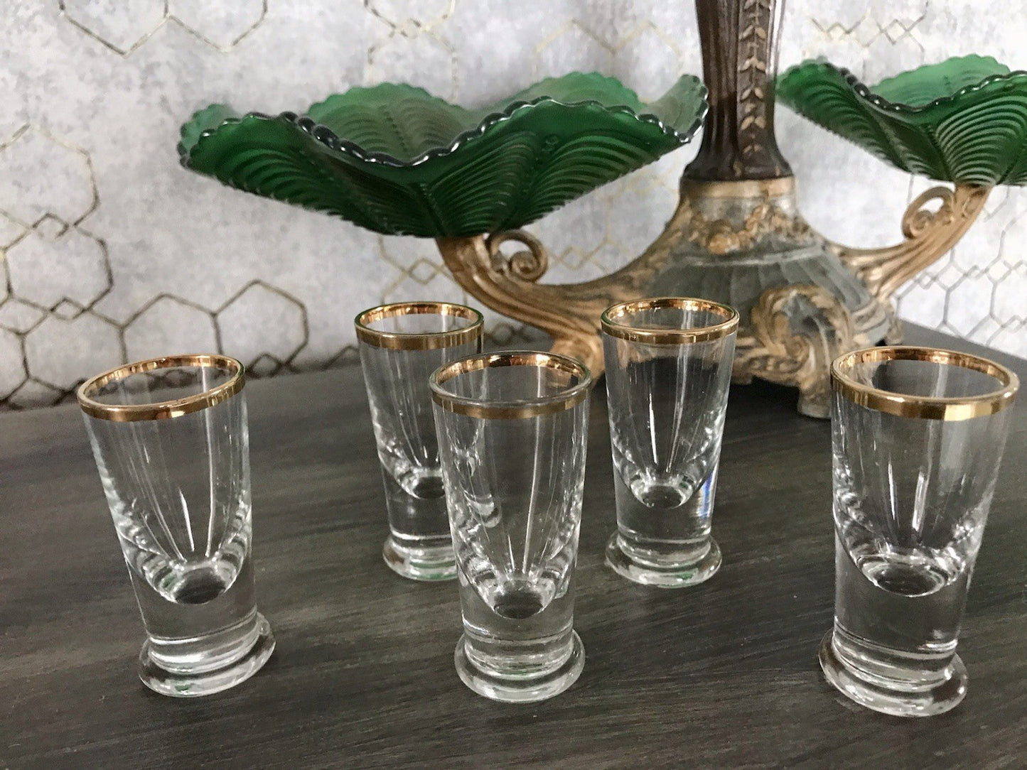 Antik 5 Pinnchen Schnapsgläser Golddekor Glas Biedermeier Likörgläser