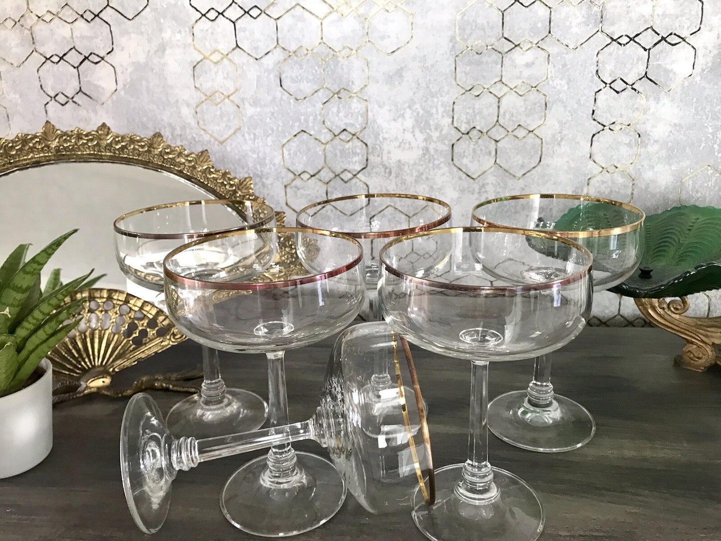 Antik? Art Déco 6 x Champagnerschalen Sekt Gläser Goldrand Lausitzer? Crystal