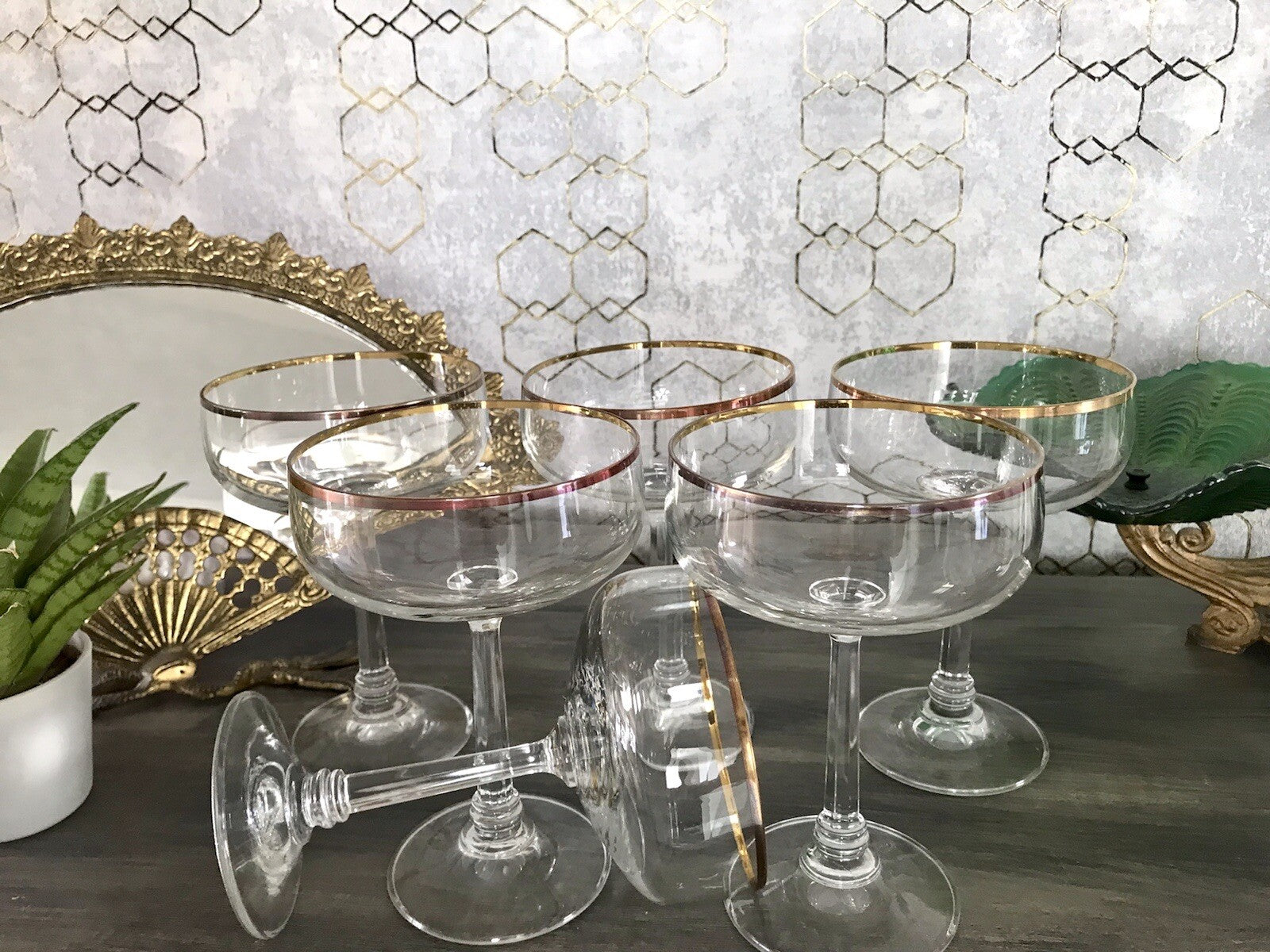 Antik? Art Déco 6 x Champagnerschalen Sekt Gläser Goldrand Lausitzer? Crystal