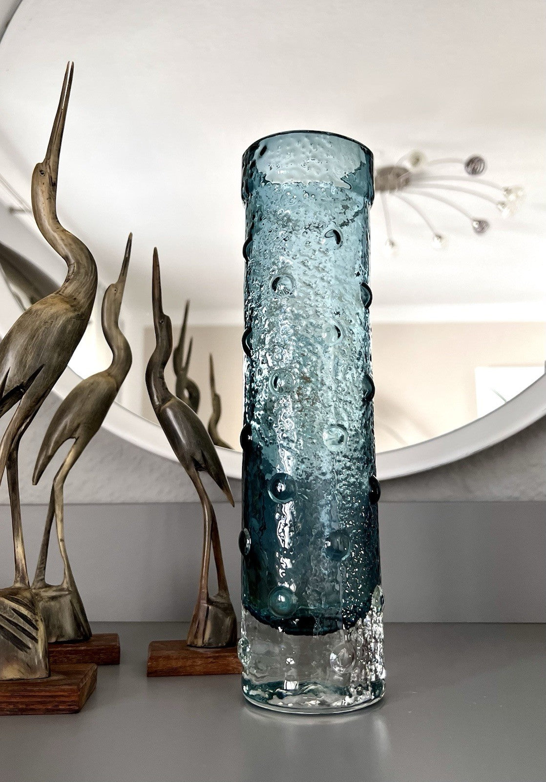 Vintage 60er Riihimäki Lasi Designer Glasvase Vase Glas graublau Finnland Rauch