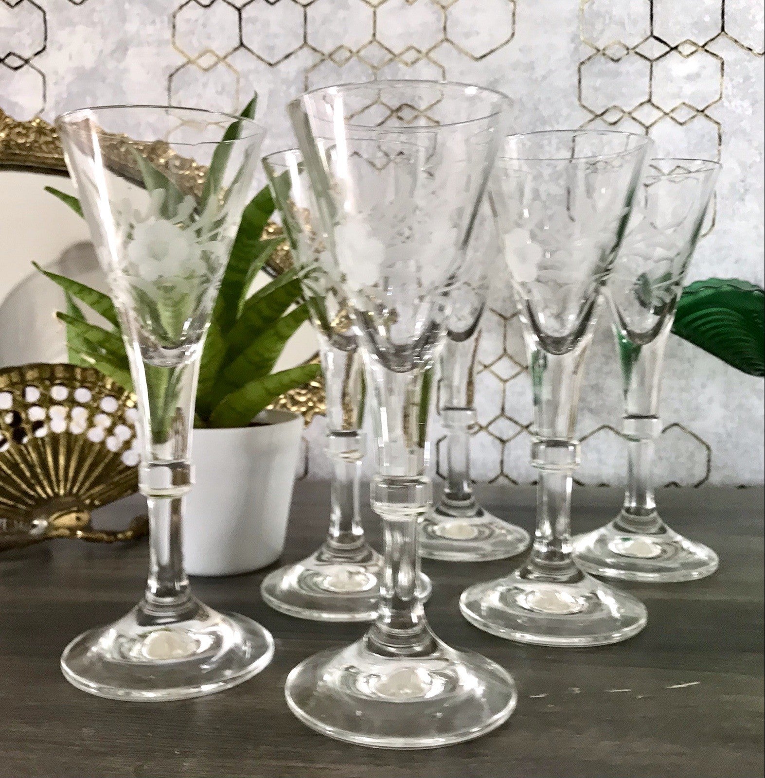 Antik Alt 6 Cherrygläser Gläser Kristallglas graviert