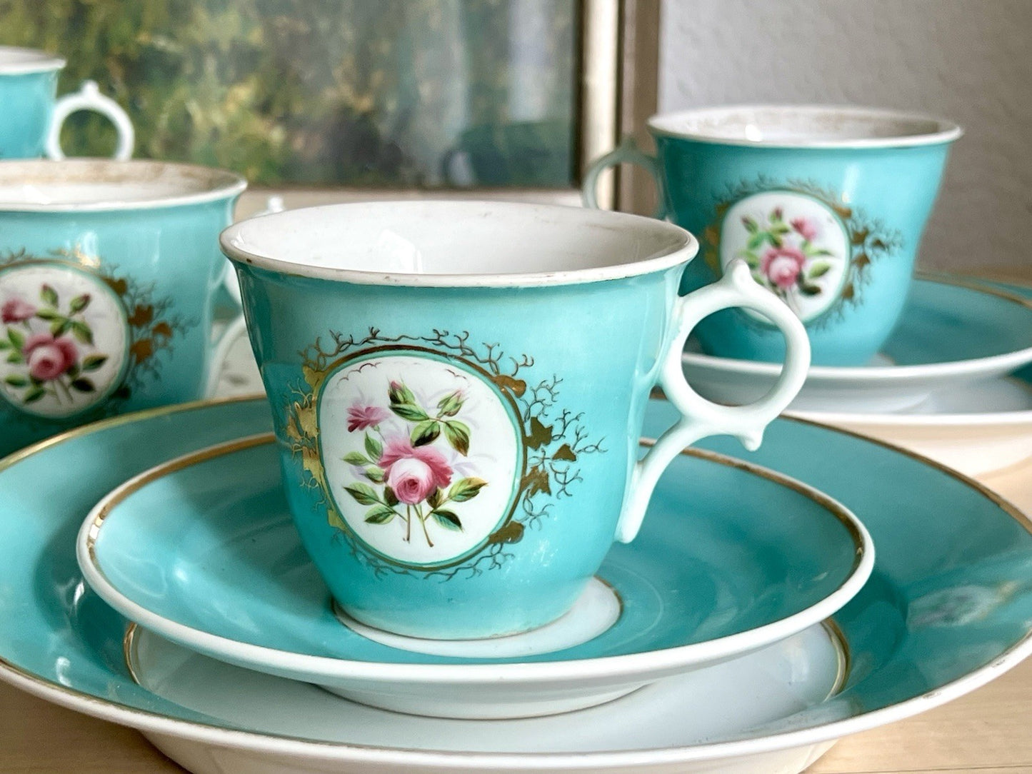 Antik 1870-1900 Porzellan Kaffeeservice 6 Pers. Carl Tielsch Altwasser türkis