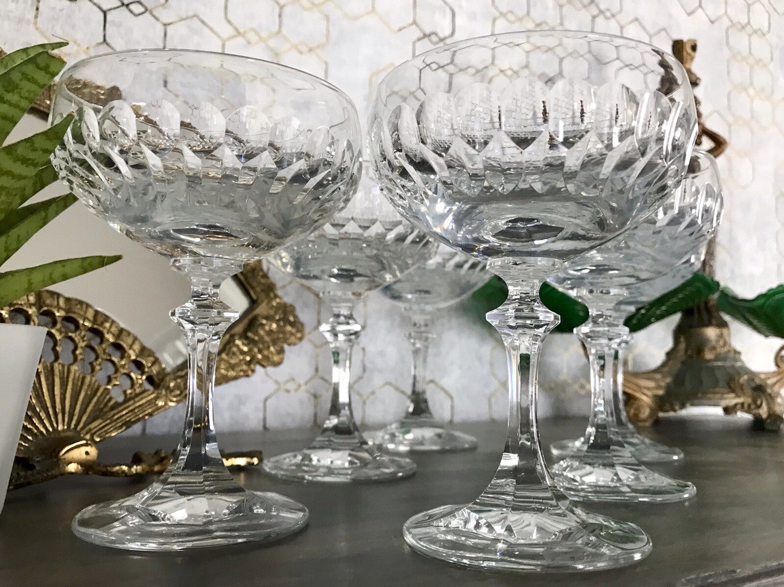 Vintage 8x Champagnerschalen Sektschalen Kristallglas Schliff Bleikristall