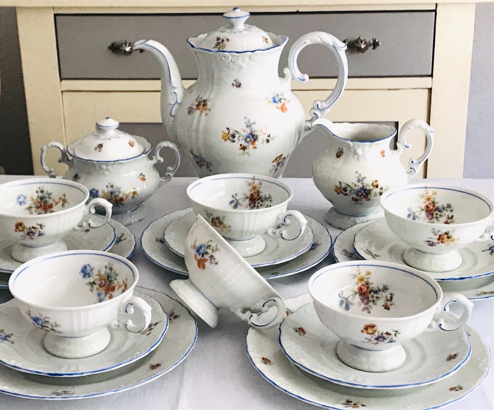Antik spätes Art Déco Porzellan Kaffeeservice Stadtlengsfeld Rhön 1949-52