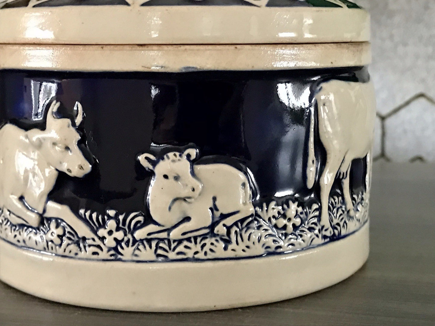 Antik Keramik Steinzeug Butterdose Dose Kuhmotiv Kühe Remy&Marzi