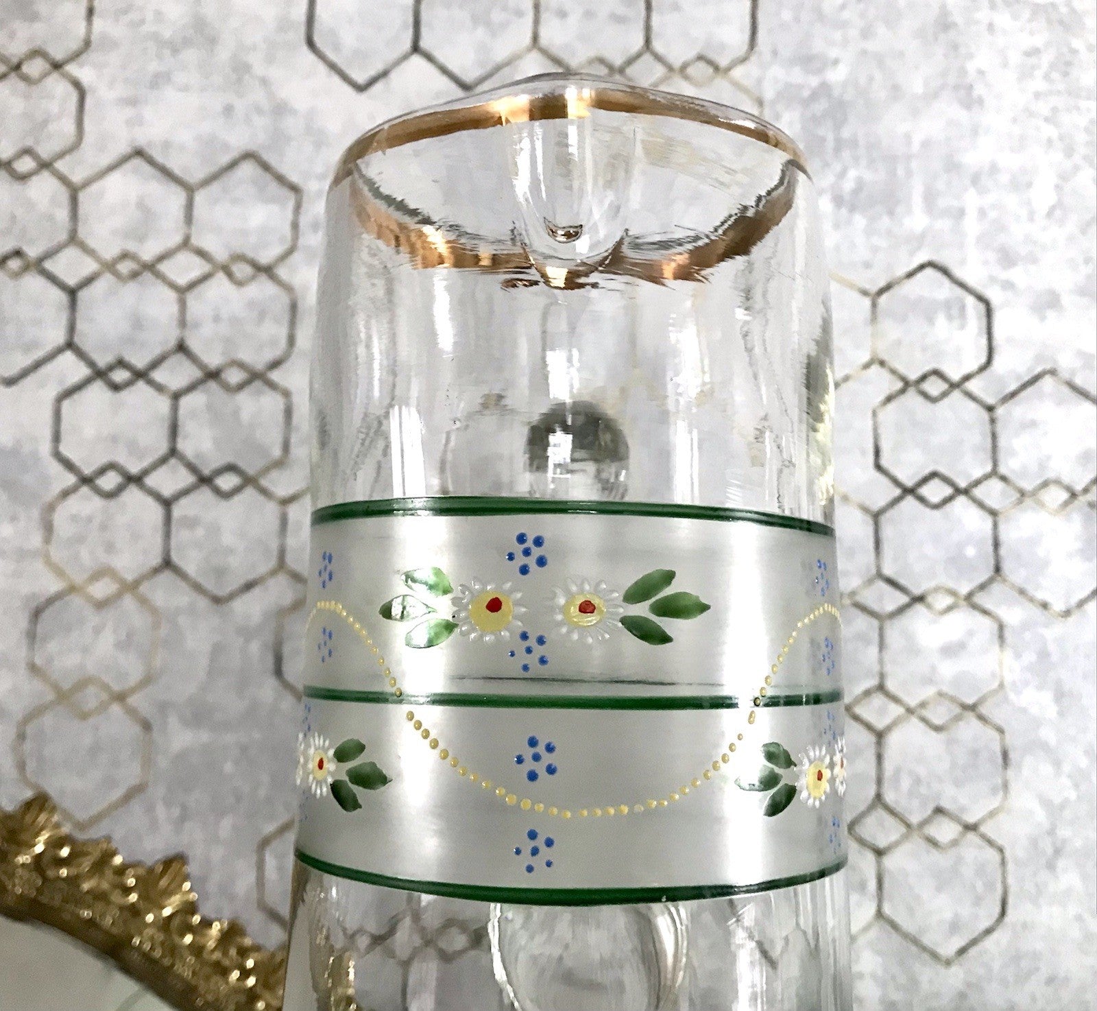 Antik Jugendstil große Karaffe Krug Schankkrug Emaile Golddekor Kanne