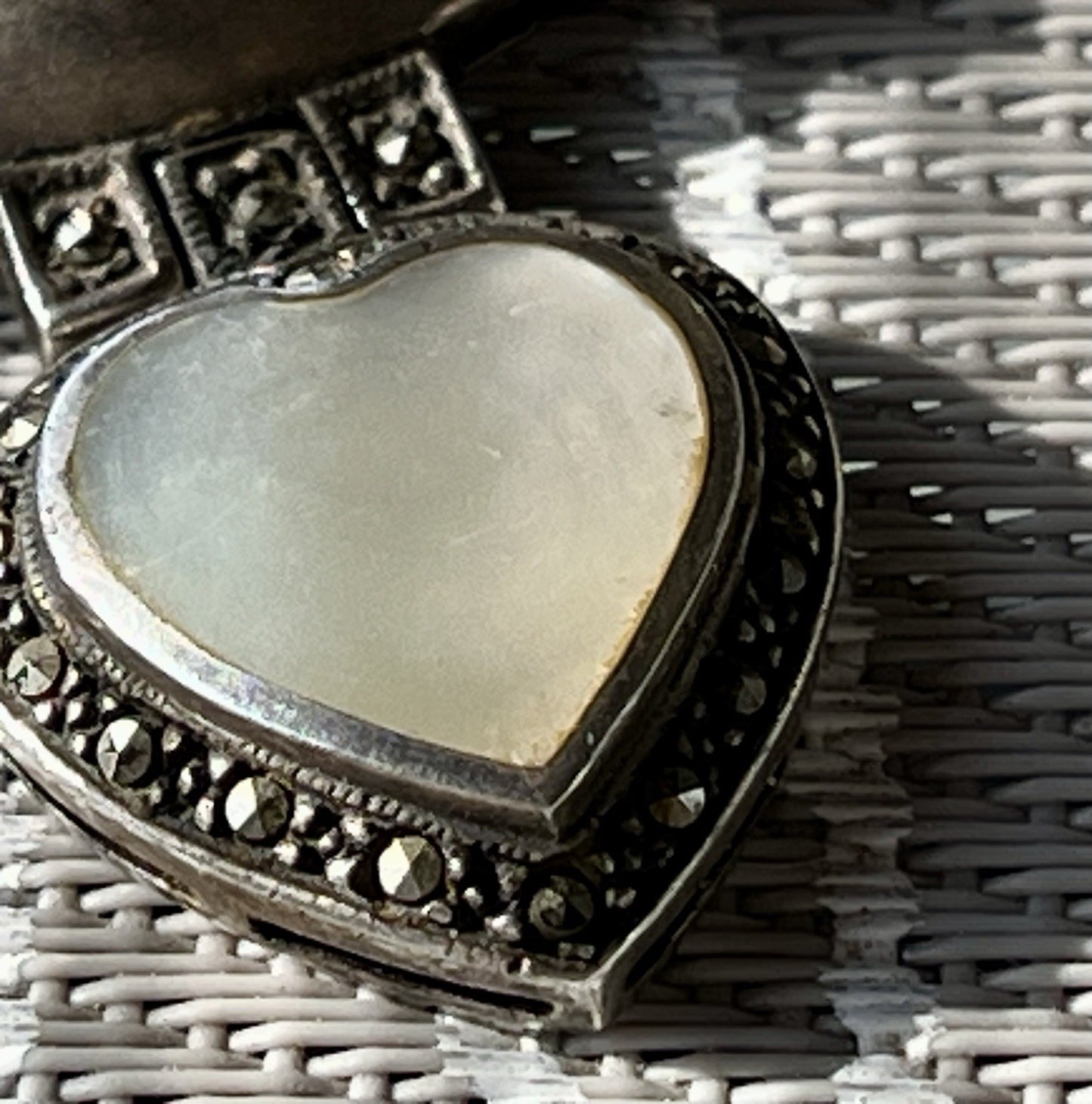 Antik  Jugendstil Silber Collier Perlen Halskette Herz Markasite blauer Stein
